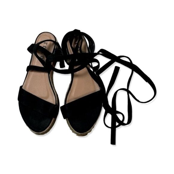 Retro Women's FRM1 Black Faux Suede Wrap-Around Strap Wedges Sandals - Picture 5 of 7